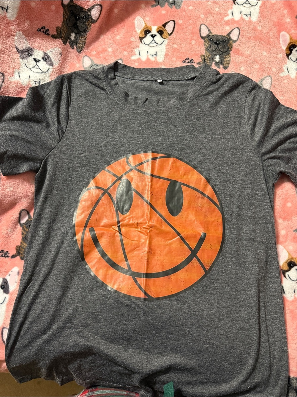 Gray Tee with Orange Basketball Smile Graphic